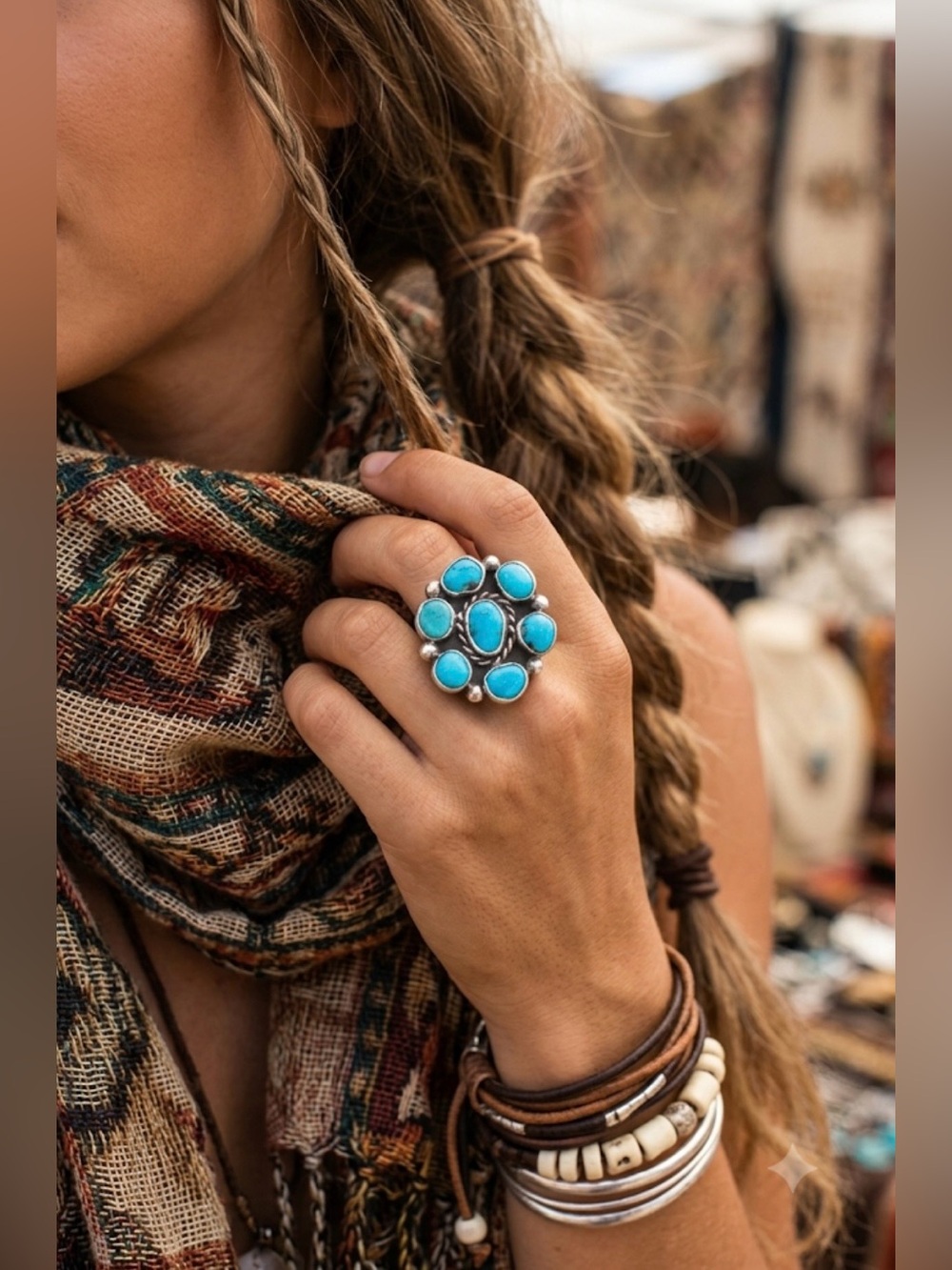 Vintage signed Zuni large Turquoise and sterling silver cluster ring - Picture 7 of 14